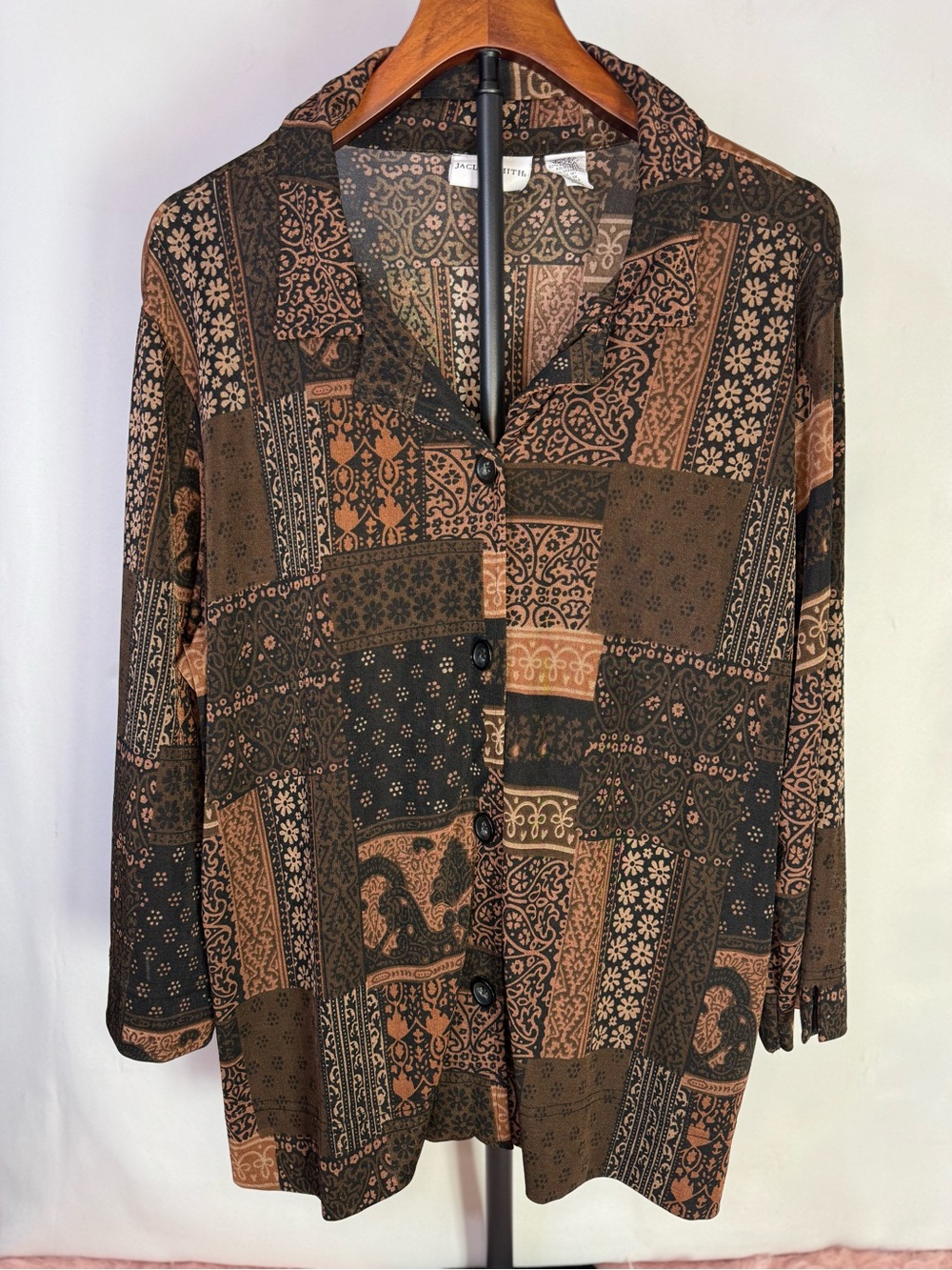 Jaclyn Smith - Vintage Y2K Brown & Black Patchwork Button-Front Top - Size XL
